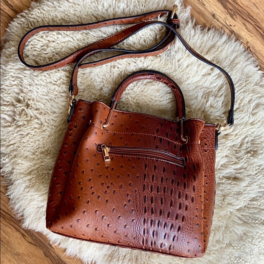 Women’s Brown Faux Ostrich Leather Satchel Bag with Strap